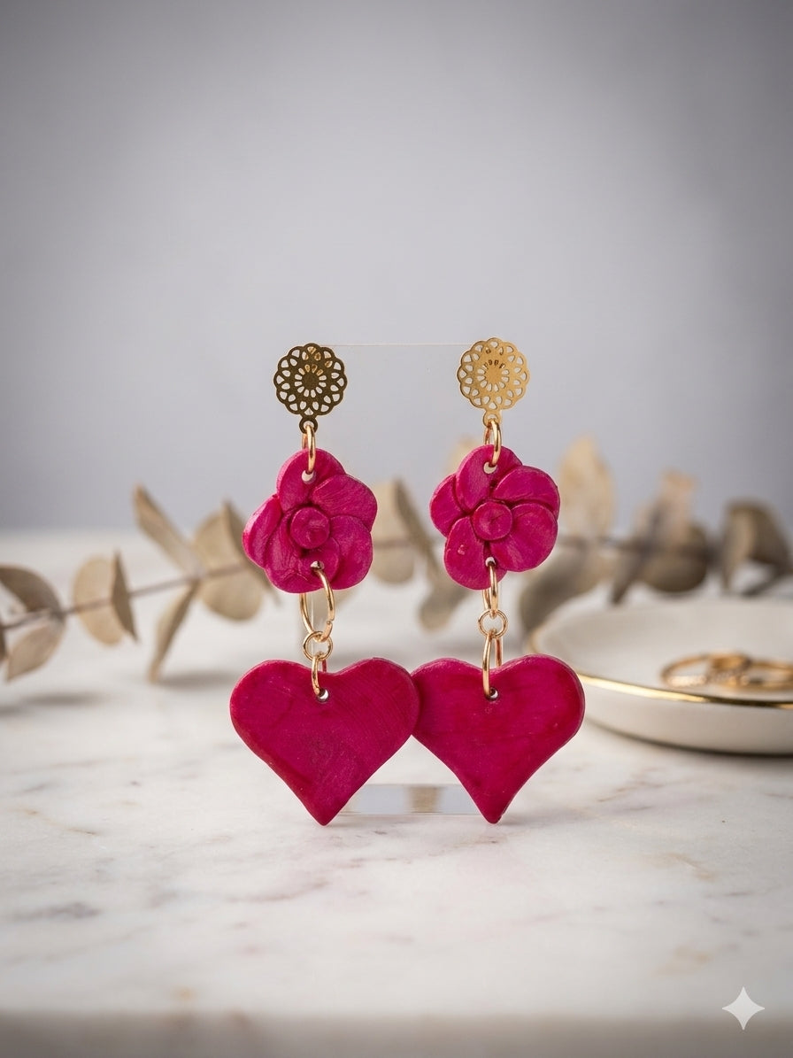 Aros flor corazón fucsia
