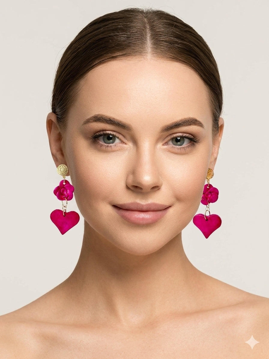 Aros flor corazón fucsia